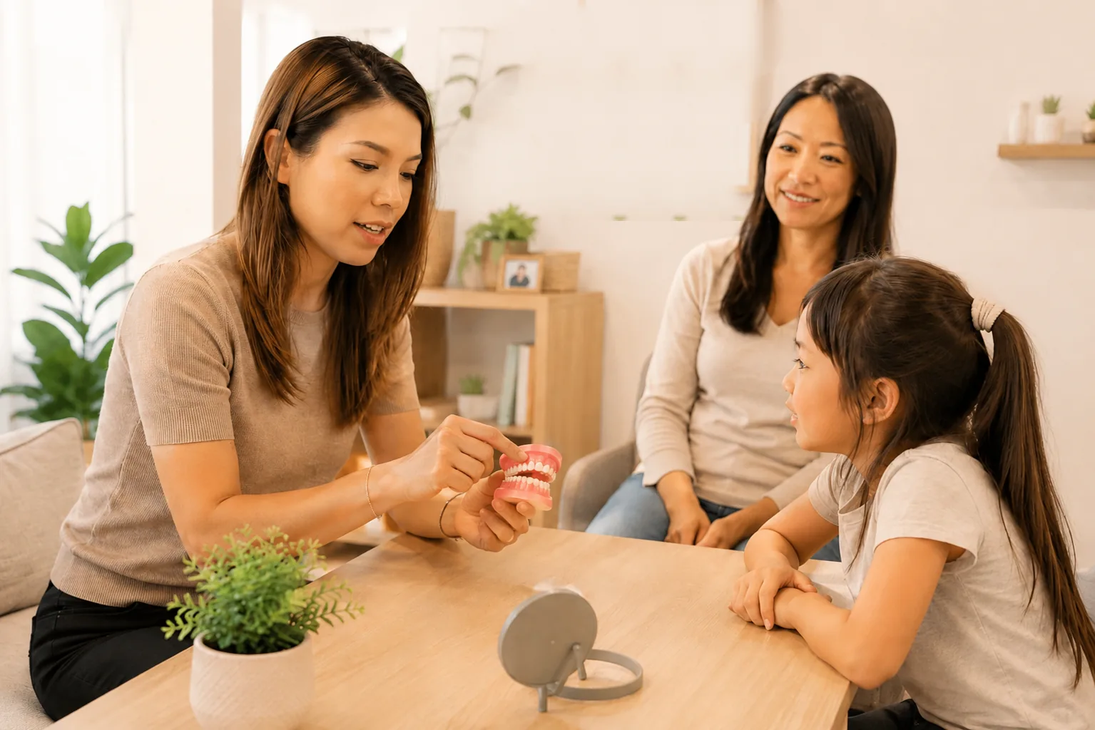 Joanne working with a child and parent during a session